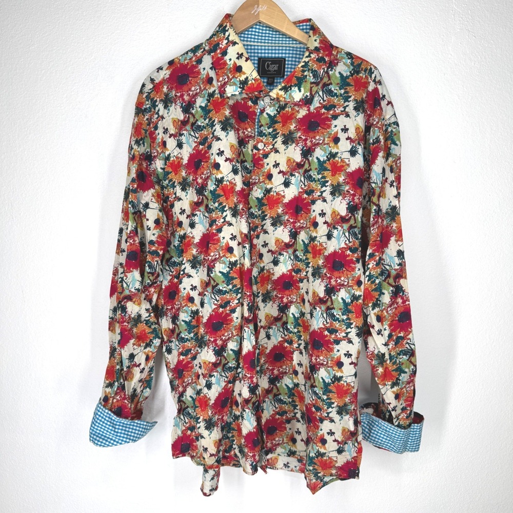 Cigar Couture‎ Mens Floral Button Down Shirt 3xl Long Sleeve Flip Contrast Cuff